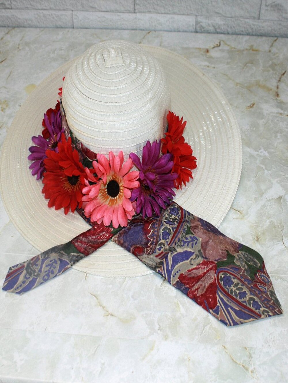 HAND CRAFTED Hat Upcycled Repurposed Silk Necktie Daisy White Derby Party Beach